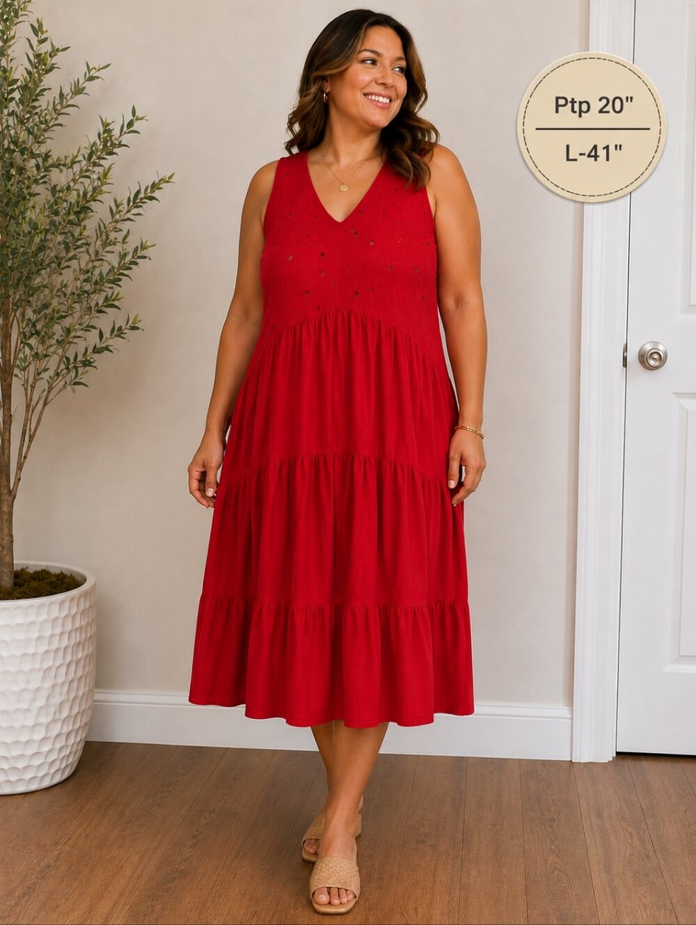 Rosemarie 100% Linen Red Eyelet Tiered Midi Dress – Like New